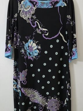 Donna Morgan Petite Black Dress with Blue & Lavender Floral Print